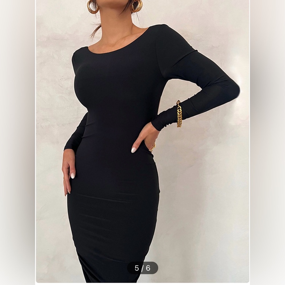 Commense Ruched Open Back Long Sleeve Maxi Dress M black